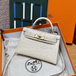 Hermes Kelly Mini 2 19 CM Bag Handmade In KK Ostrich Leather from South Africa Gold Hardware 8L Beton - Image 6