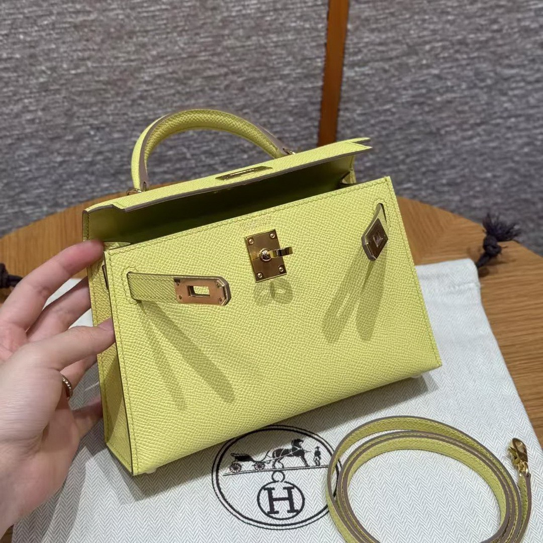 Hermes Kelly Mini 2 19 CM Bag Handmade In Epsom Calfskin Leather Gold Hardware 9R Lime - Image 10