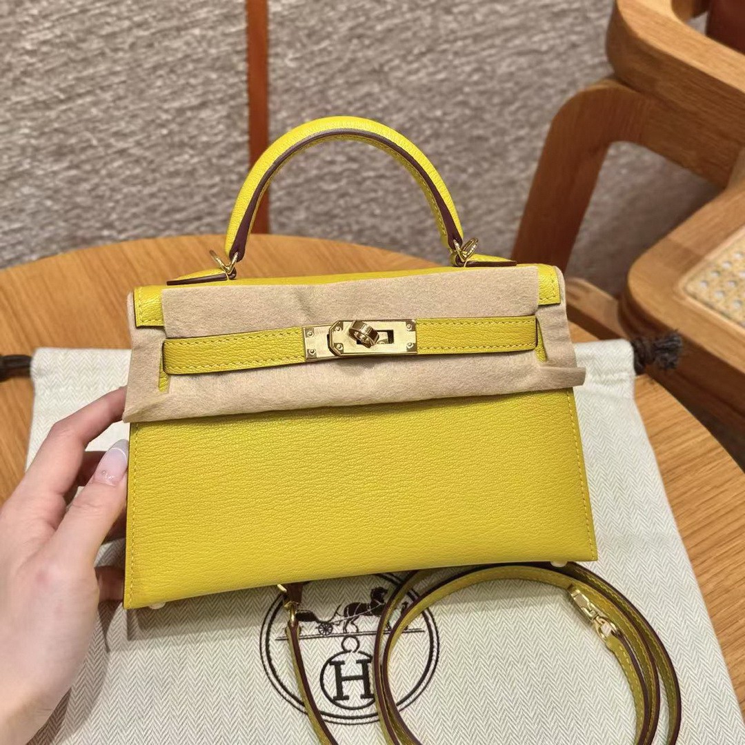 Hermes Kelly Mini 2 19 CM Bag Handmade In Chèvre Calfskin Leather Gold Hardware 9o Jaune Naples