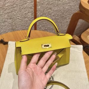 Hermes Kelly Mini 2 19 CM Bag Handmade In Chèvre Calfskin Leather Gold Hardware 9o Jaune Naples - Image 11