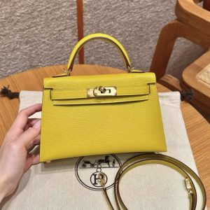 Hermes Kelly Mini 2 19 CM Bag Handmade In Chèvre Calfskin Leather Gold Hardware 9o Jaune Naples - Image 10