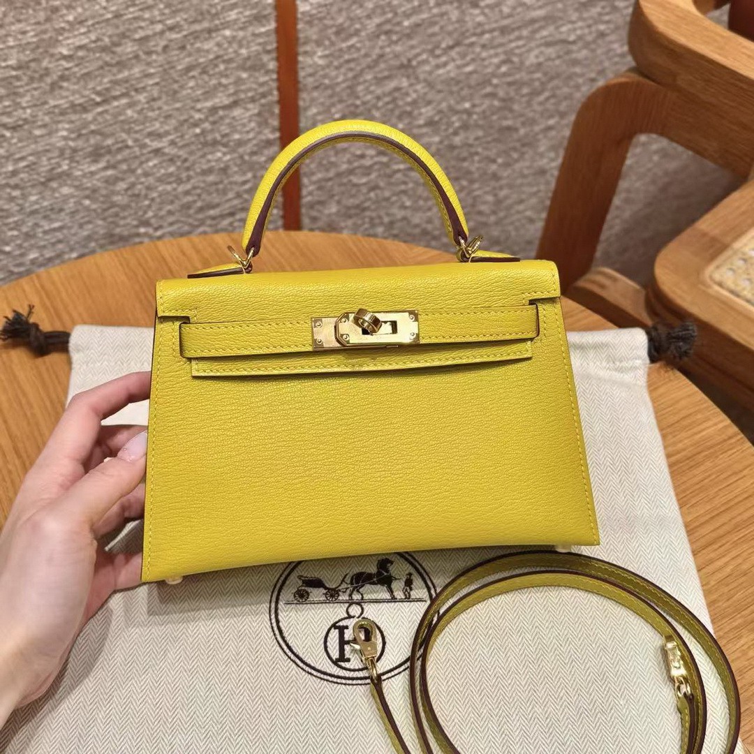 Hermes Kelly Mini 2 19 CM Bag Handmade In Chèvre Calfskin Leather Gold Hardware 9o Jaune Naples - Image 10