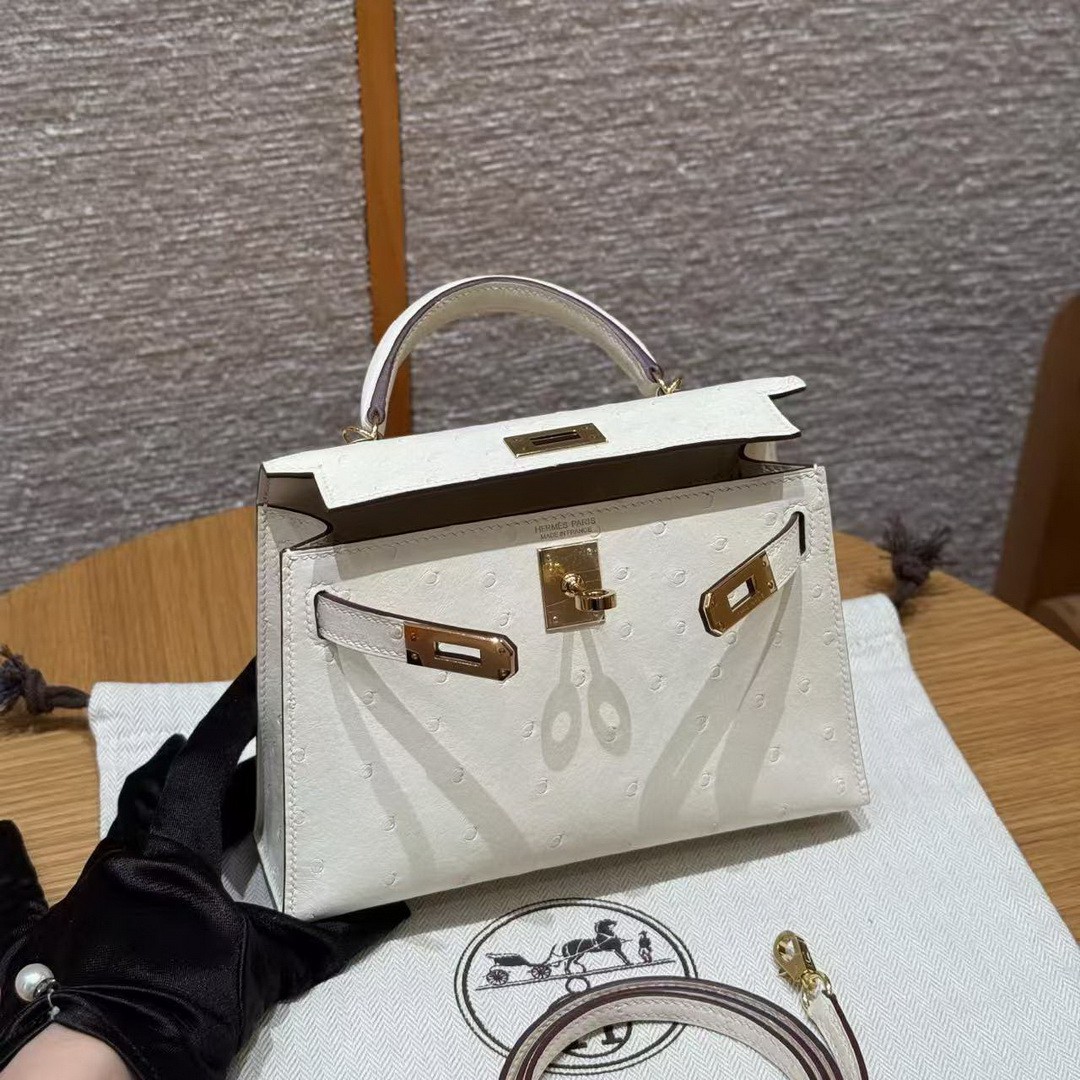 Hermes Kelly Mini 2 19 CM Bag Handmade In KK Ostrich Leather from South Africa Gold Hardware I2 Nata - Image 9