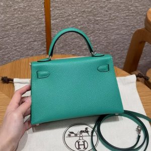 Hermes Kelly Mini 2 19 CM Bag Handmade In Epsom Calfskin Leather Sliver Hardware O6 Vert Jade - Image 12