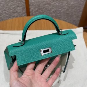 Hermes Kelly Mini 2 19 CM Bag Handmade In Epsom Calfskin Leather Sliver Hardware O6 Vert Jade - Image 8