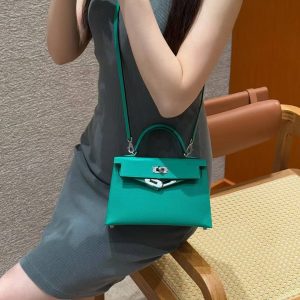 Hermes Kelly Mini 2 19 CM Bag Handmade In Epsom Calfskin Leather Sliver Hardware O6 Vert Jade - Image 4