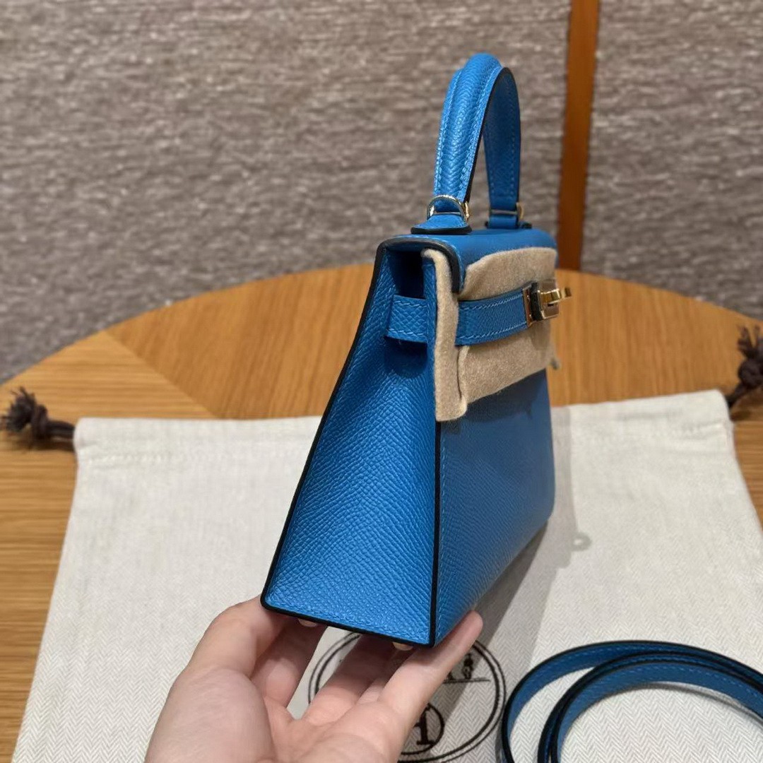 Hermes Kelly Mini 2 19 CM Bag Handmade In Epsom Calfskin Leather Gold Hardware OF Blue Fruda - Image 26