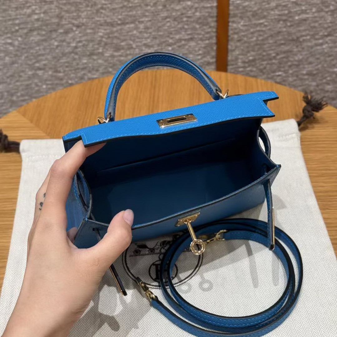Hermes Kelly Mini 2 19 CM Bag Handmade In Epsom Calfskin Leather Gold Hardware OF Blue Fruda - Image 24