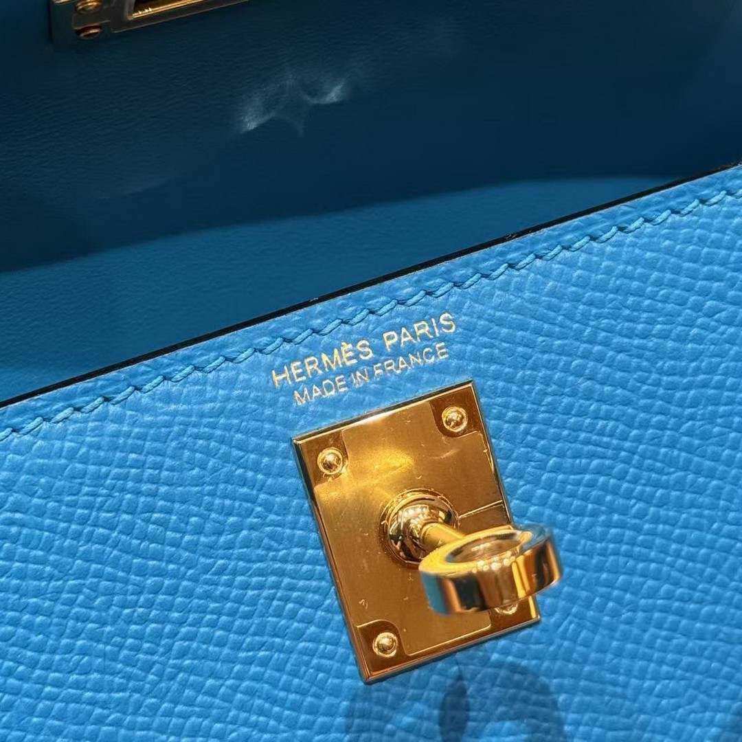 Hermes Kelly Mini 2 19 CM Bag Handmade In Epsom Calfskin Leather Gold Hardware OF Blue Fruda - Image 23