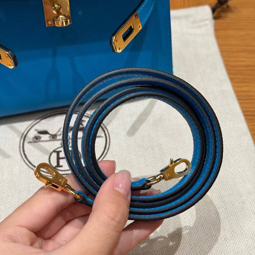 Hermes Kelly Mini 2 19 CM Bag Handmade In Epsom Calfskin Leather Gold Hardware OF Blue Fruda - Image 20