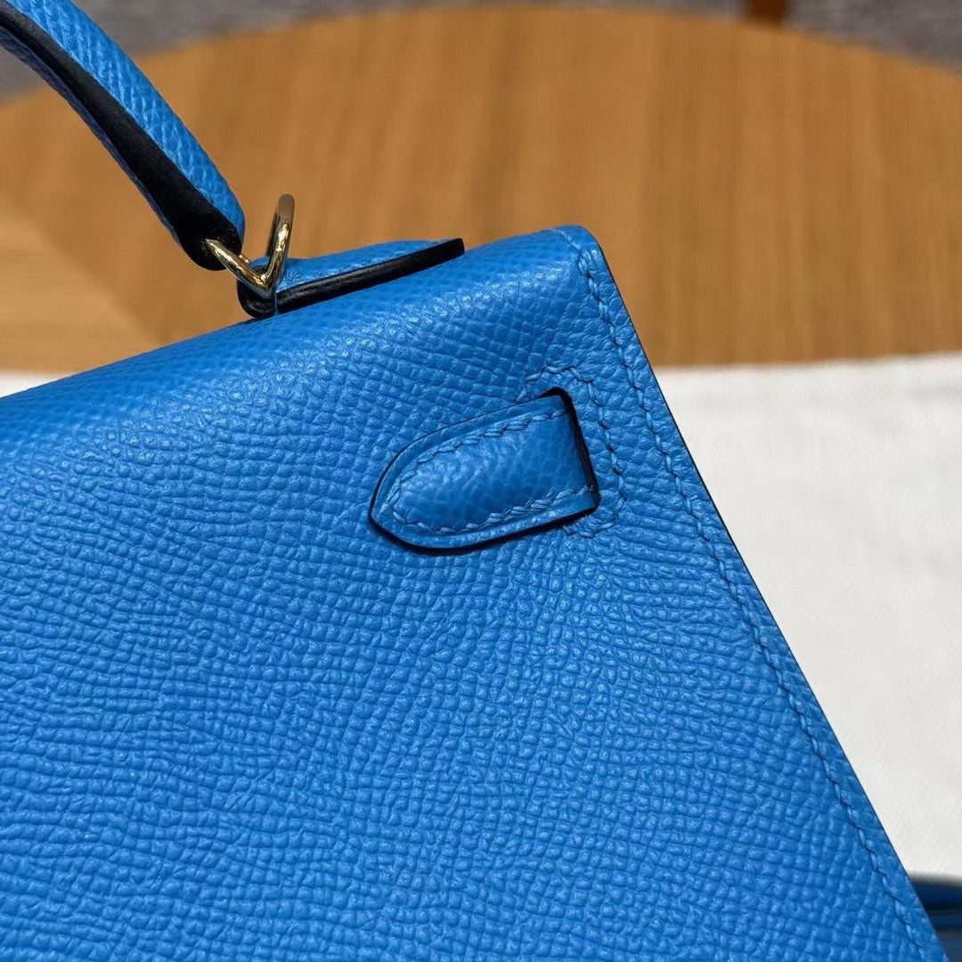 Hermes Kelly Mini 2 19 CM Bag Handmade In Epsom Calfskin Leather Gold Hardware OF Blue Fruda - Image 17
