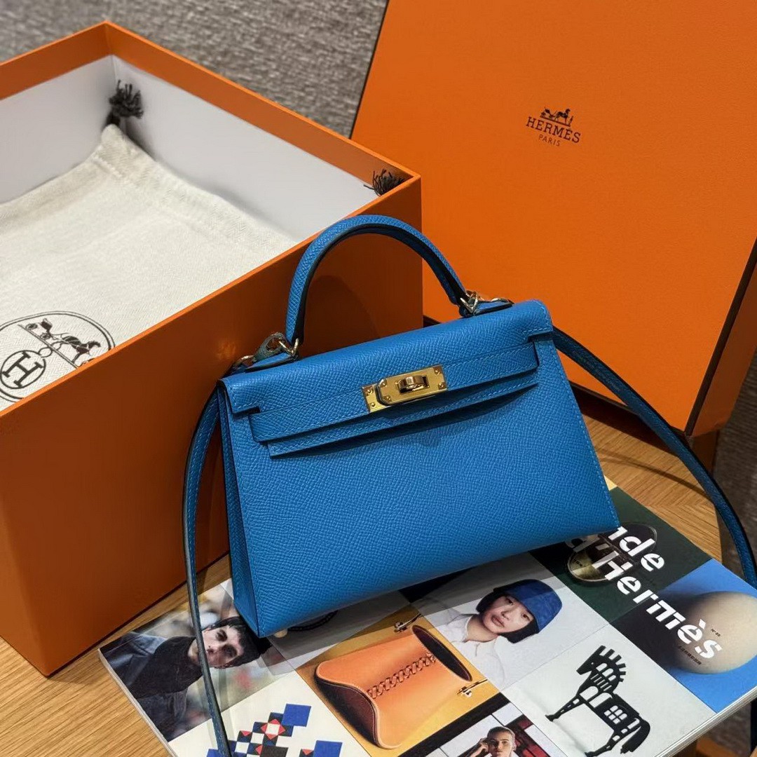 Hermes Kelly Mini 2 19 CM Bag Handmade In Epsom Calfskin Leather Gold Hardware OF Blue Fruda - Image 12