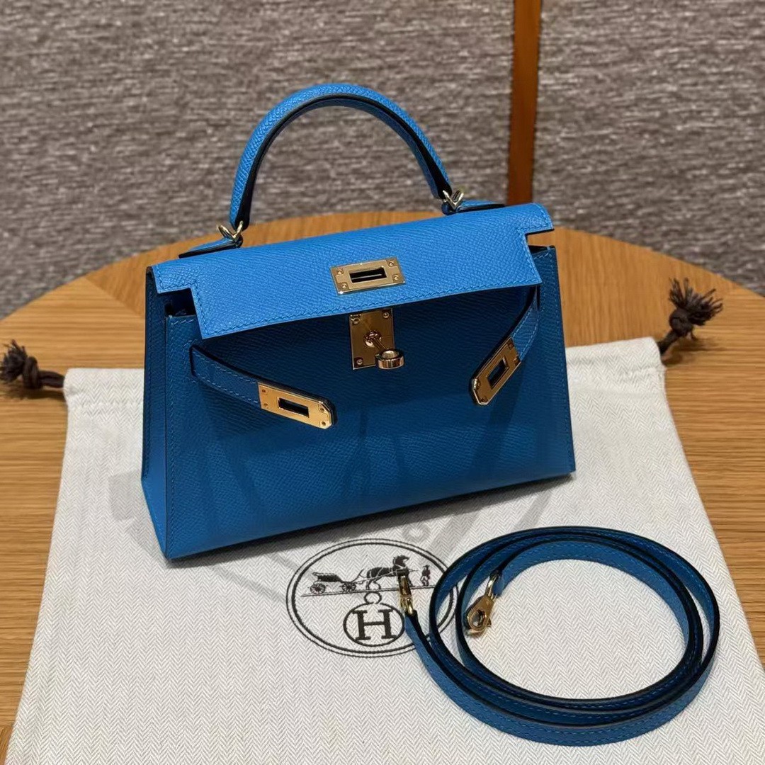 Hermes Kelly Mini 2 19 CM Bag Handmade In Epsom Calfskin Leather Gold Hardware OF Blue Fruda - Image 11