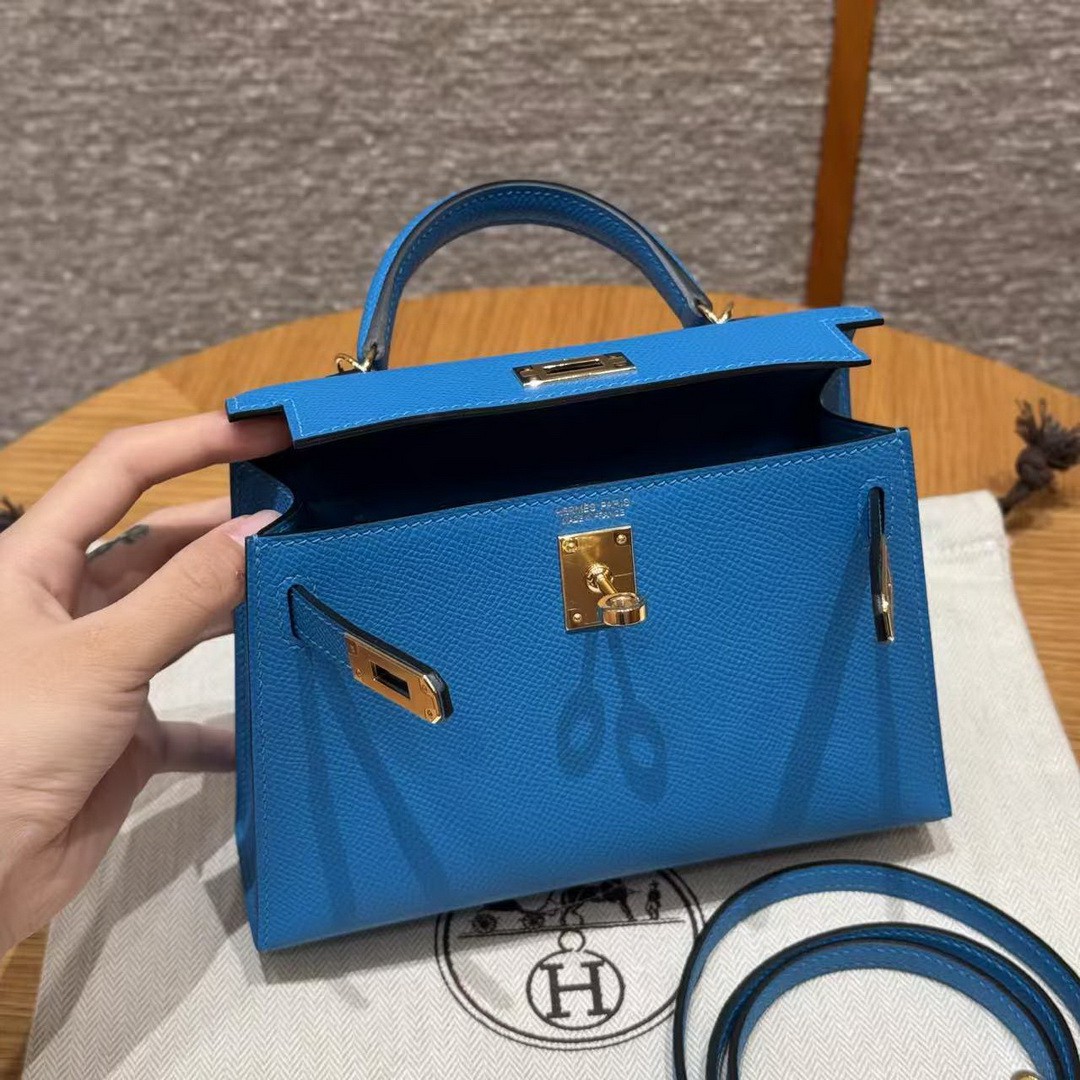 Hermes Kelly Mini 2 19 CM Bag Handmade In Epsom Calfskin Leather Gold Hardware OF Blue Fruda - Image 10