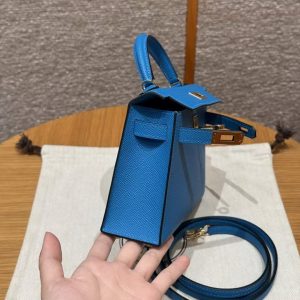 Hermes Kelly Mini 2 19 CM Bag Handmade In Epsom Calfskin Leather Gold Hardware OF Blue Fruda - Image 9