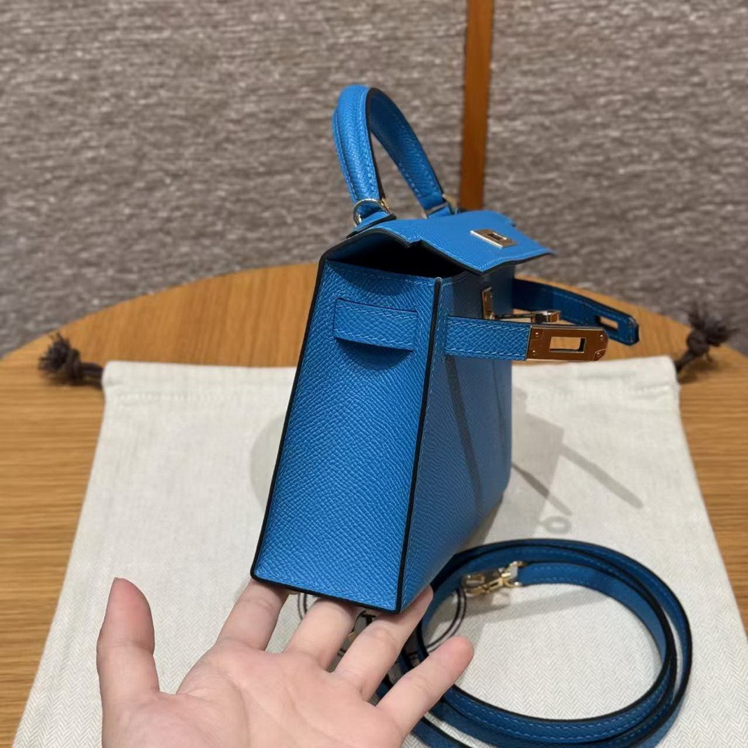 Hermes Kelly Mini 2 19 CM Bag Handmade In Epsom Calfskin Leather Gold Hardware OF Blue Fruda - Image 9