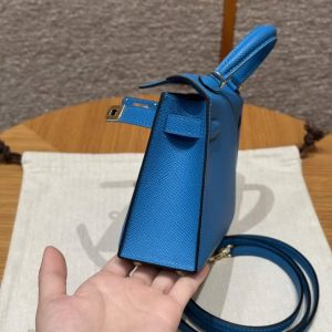 Hermes Kelly Mini 2 19 CM Bag Handmade In Epsom Calfskin Leather Gold Hardware OF Blue Fruda - Image 8