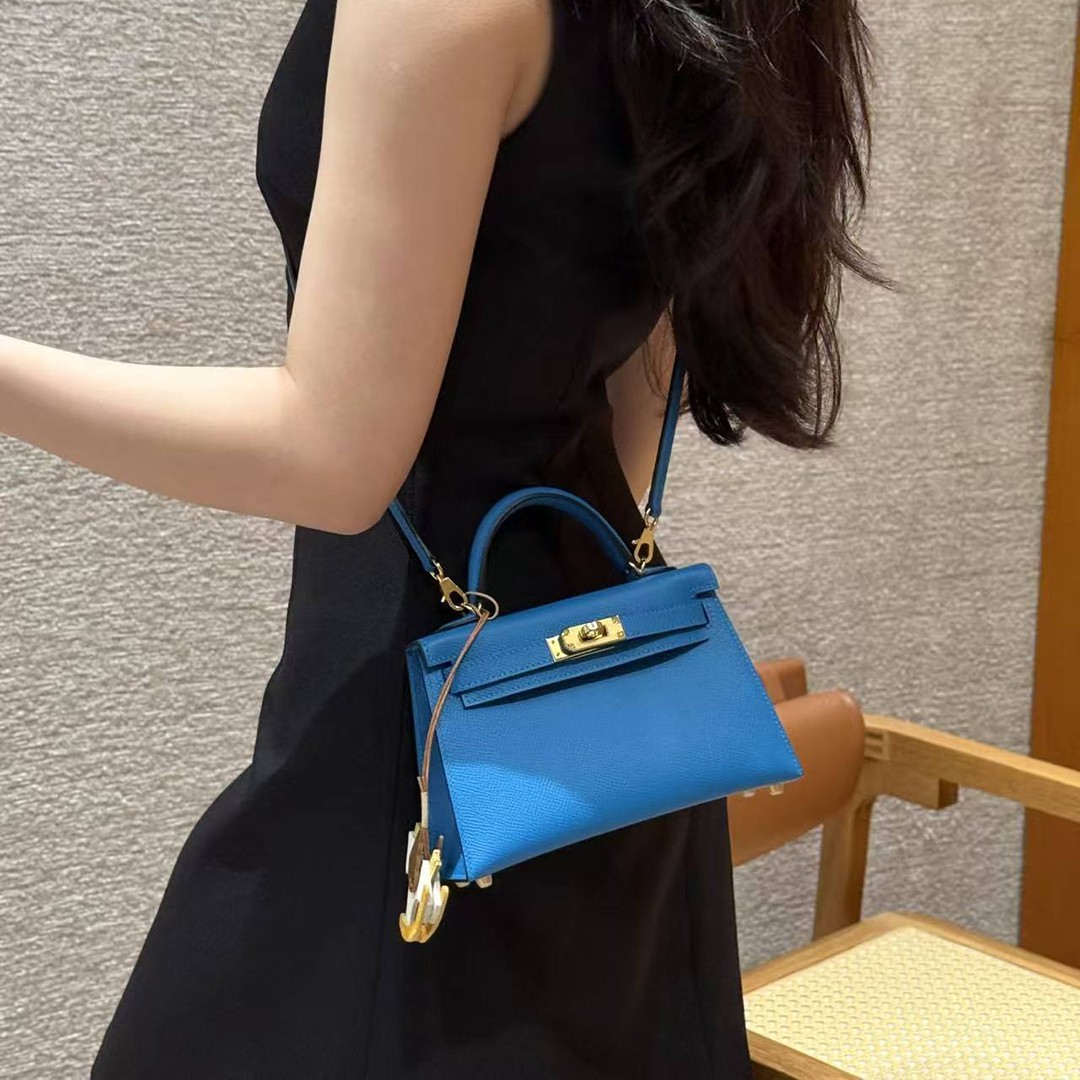 Hermes Kelly Mini 2 19 CM Bag Handmade In Epsom Calfskin Leather Gold Hardware OF Blue Fruda - Image 5