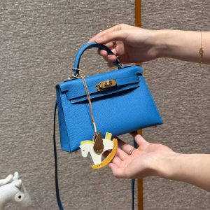 Hermes Kelly Mini 2 19 CM Bag Handmade In Epsom Calfskin Leather Gold Hardware OF Blue Fruda - Image 3