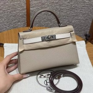 Hermes Kelly Mini 2 19 CM Bag Handmade In Epsom Calfskin Leather Sliver Hardware S2 Trench 10 Craie 18 Etoupe