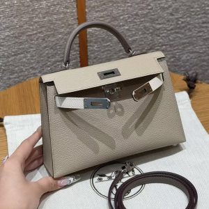 Hermes Kelly Mini 2 19 CM Bag Handmade In Epsom Calfskin Leather Sliver Hardware S2 Trench 10 Craie 18 Etoupe - Image 11