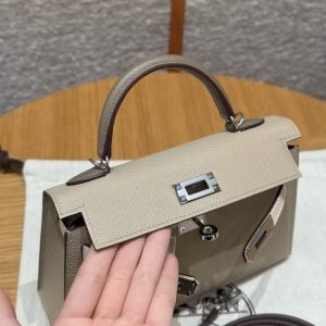 Hermes Kelly Mini 2 19 CM Bag Handmade In Epsom Calfskin Leather Sliver Hardware S2 Trench 10 Craie 18 Etoupe - Image 7