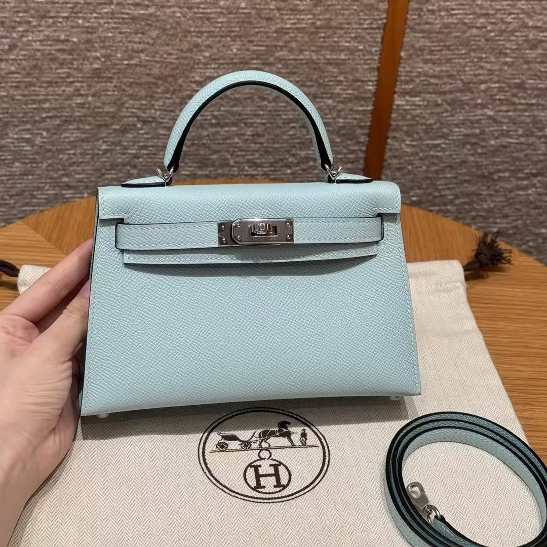 Hermes Kelly Mini 2 19 CM Bag Handmade In Epsom Calfskin Leather Silver Hardware U2 Blue Zephyr