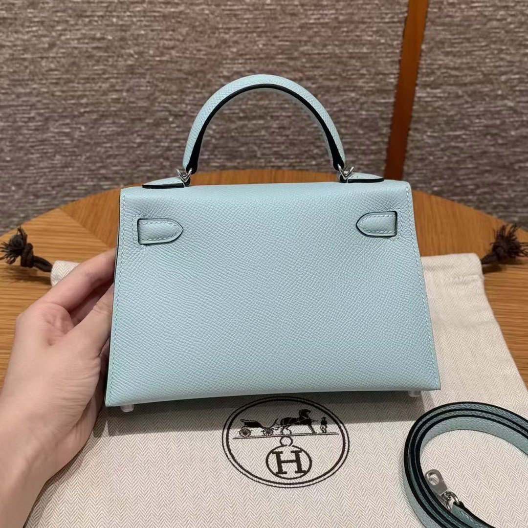 Hermes Kelly Mini 2 19 CM Bag Handmade In Epsom Calfskin Leather Silver Hardware U2 Blue Zephyr - Image 2