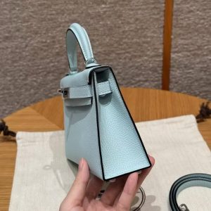 Hermes Kelly Mini 2 19 CM Bag Handmade In Epsom Calfskin Leather Silver Hardware U2 Blue Zephyr - Image 21