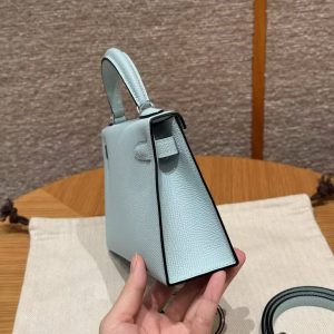 Hermes Kelly Mini 2 19 CM Bag Handmade In Epsom Calfskin Leather Silver Hardware U2 Blue Zephyr - Image 20