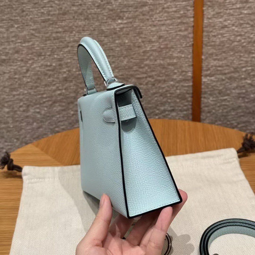 Hermes Kelly Mini 2 19 CM Bag Handmade In Epsom Calfskin Leather Silver Hardware U2 Blue Zephyr - Image 20