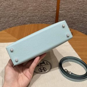 Hermes Kelly Mini 2 19 CM Bag Handmade In Epsom Calfskin Leather Silver Hardware U2 Blue Zephyr - Image 19