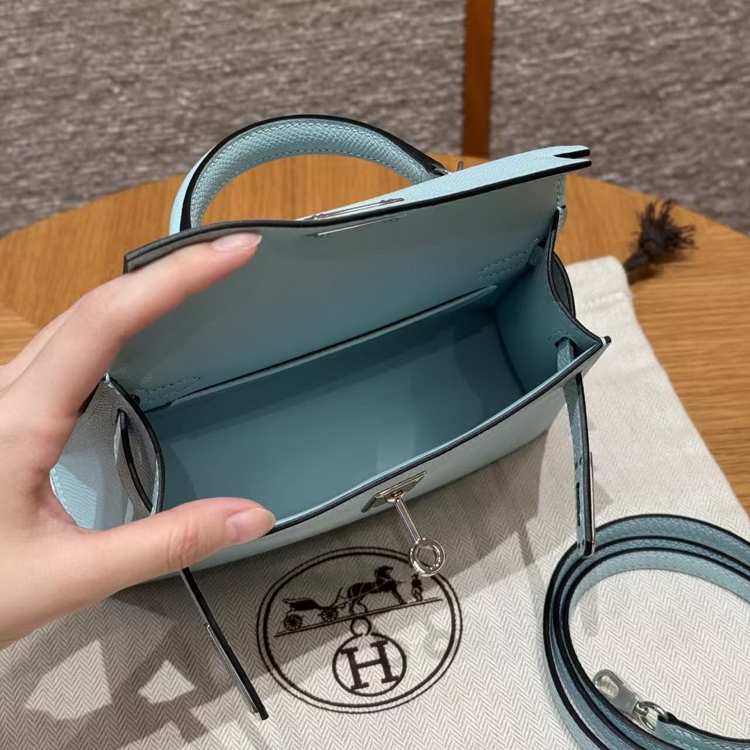 Hermes Kelly Mini 2 19 CM Bag Handmade In Epsom Calfskin Leather Silver Hardware U2 Blue Zephyr - Image 18