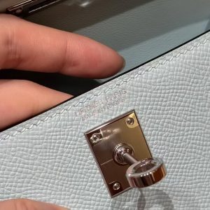 Hermes Kelly Mini 2 19 CM Bag Handmade In Epsom Calfskin Leather Silver Hardware U2 Blue Zephyr - Image 17