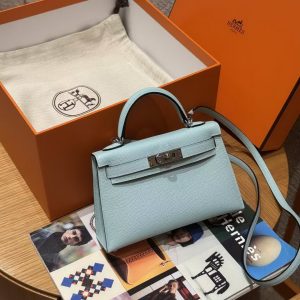 Hermes Kelly Mini 2 19 CM Bag Handmade In Epsom Calfskin Leather Silver Hardware U2 Blue Zephyr - Image 14