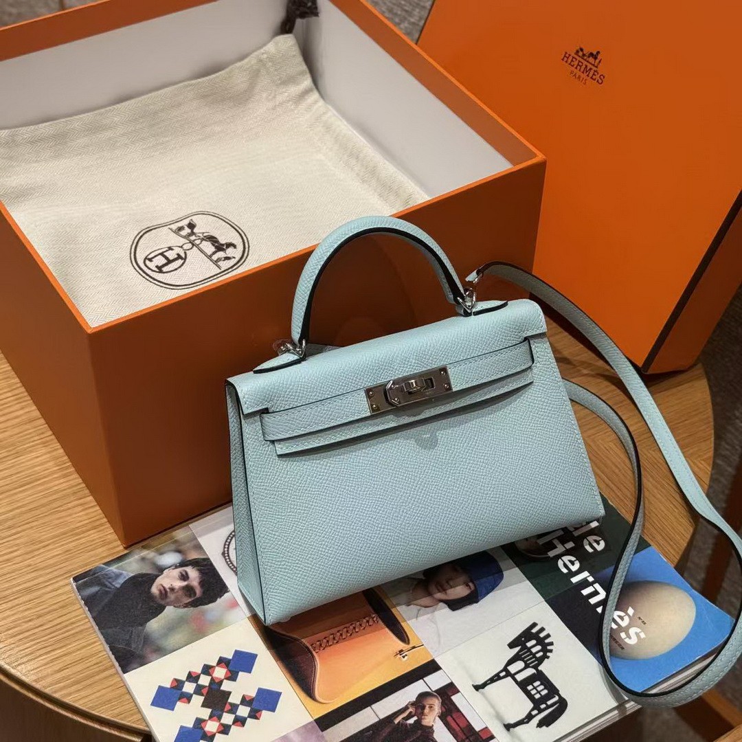 Hermes Kelly Mini 2 19 CM Bag Handmade In Epsom Calfskin Leather Silver Hardware U2 Blue Zephyr - Image 14