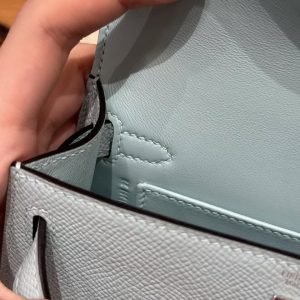 Hermes Kelly Mini 2 19 CM Bag Handmade In Epsom Calfskin Leather Silver Hardware U2 Blue Zephyr - Image 13