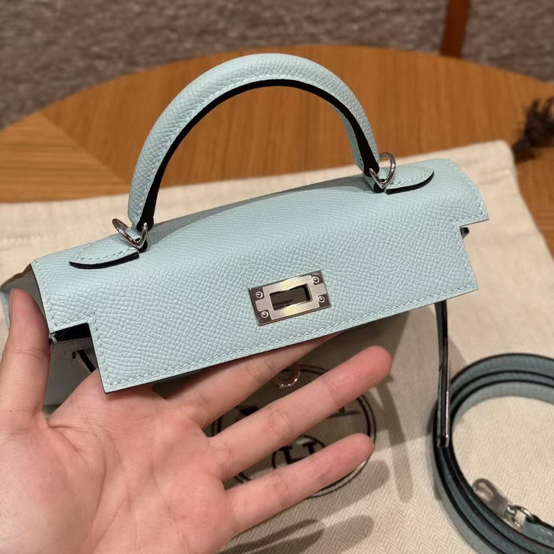 Hermes Kelly Mini 2 19 CM Bag Handmade In Epsom Calfskin Leather Silver Hardware U2 Blue Zephyr - Image 9