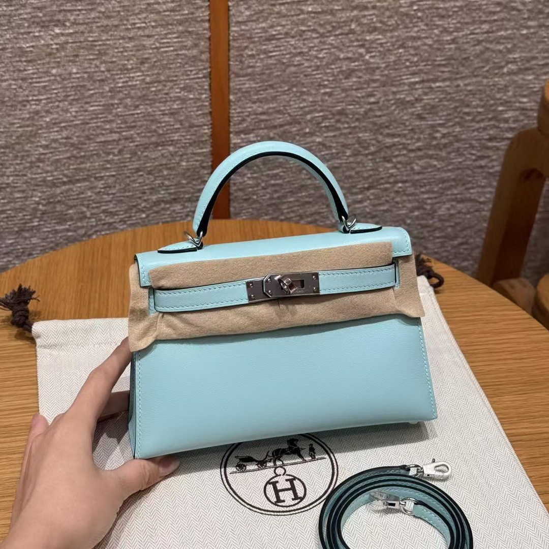 Hermes Kelly Mini 2 19 CM Bag Handmade In Swift Calfskin Leather Silver Hardware U2 Blue Zephyr