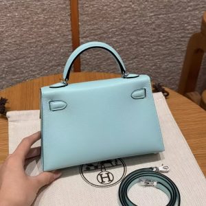 Hermes Kelly Mini 2 19 CM Bag Handmade In Swift Calfskin Leather Silver Hardware U2 Blue Zephyr - Image 2