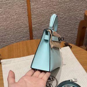 Hermes Kelly Mini 2 19 CM Bag Handmade In Swift Calfskin Leather Silver Hardware U2 Blue Zephyr - Image 20