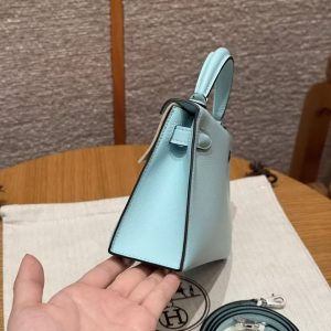 Hermes Kelly Mini 2 19 CM Bag Handmade In Swift Calfskin Leather Silver Hardware U2 Blue Zephyr - Image 19