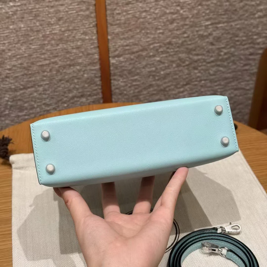 Hermes Kelly Mini 2 19 CM Bag Handmade In Swift Calfskin Leather Silver Hardware U2 Blue Zephyr - Image 18