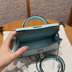 Hermes Kelly Mini 2 19 CM Bag Handmade In Swift Calfskin Leather Silver Hardware U2 Blue Zephyr - Image 17