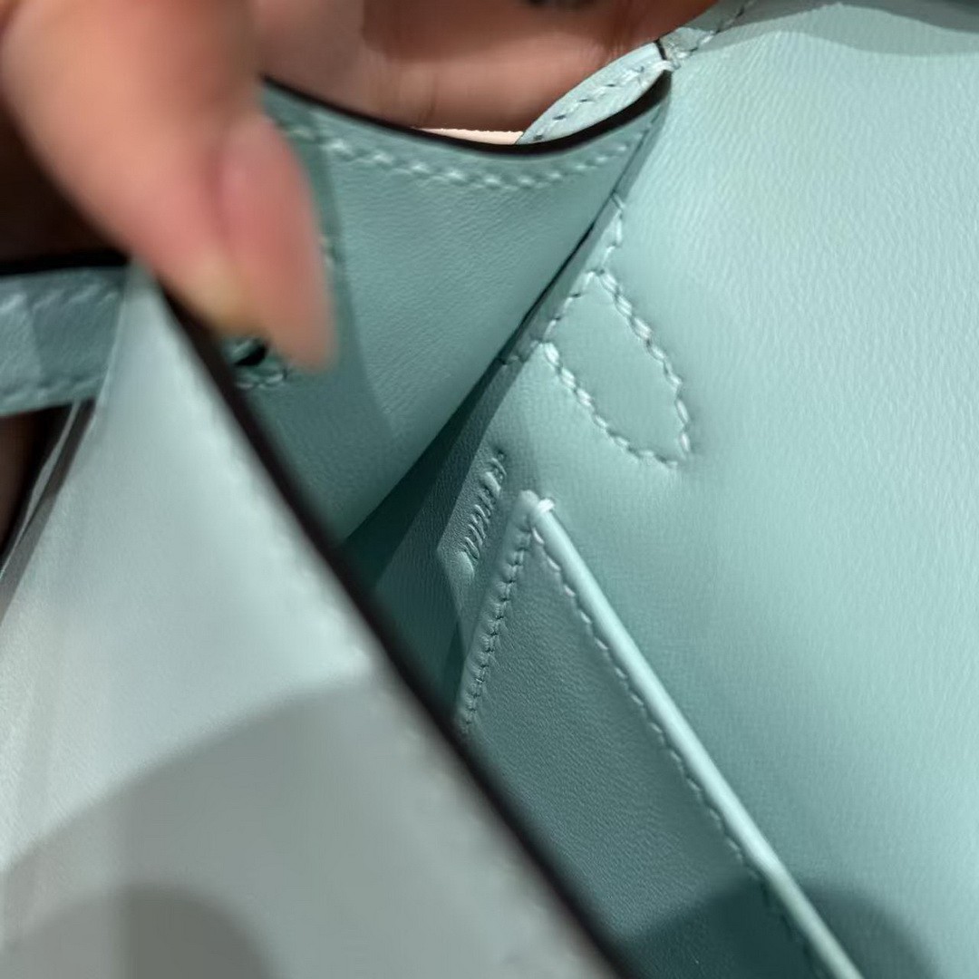 Hermes Kelly Mini 2 19 CM Bag Handmade In Swift Calfskin Leather Silver Hardware U2 Blue Zephyr - Image 14