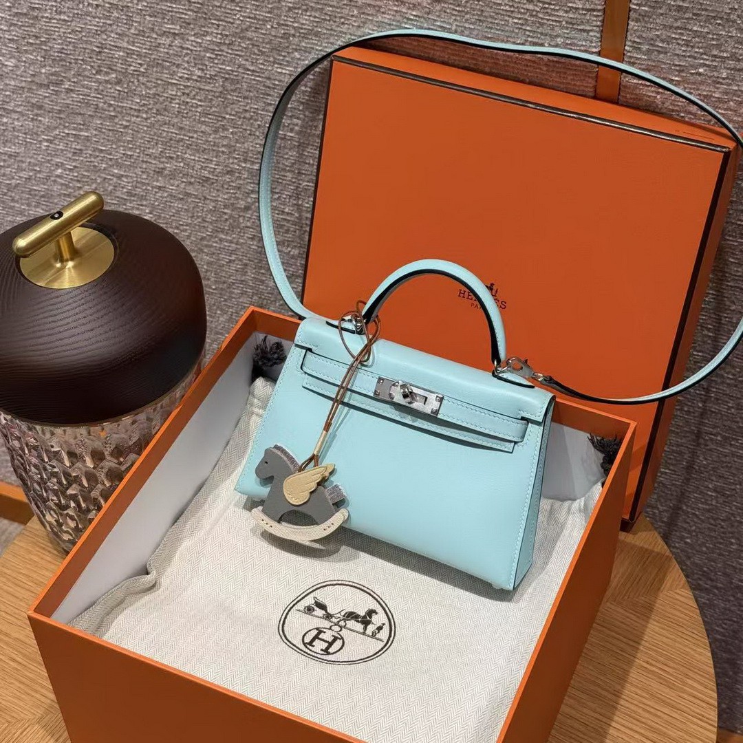 Hermes Kelly Mini 2 19 CM Bag Handmade In Swift Calfskin Leather Silver Hardware U2 Blue Zephyr - Image 13