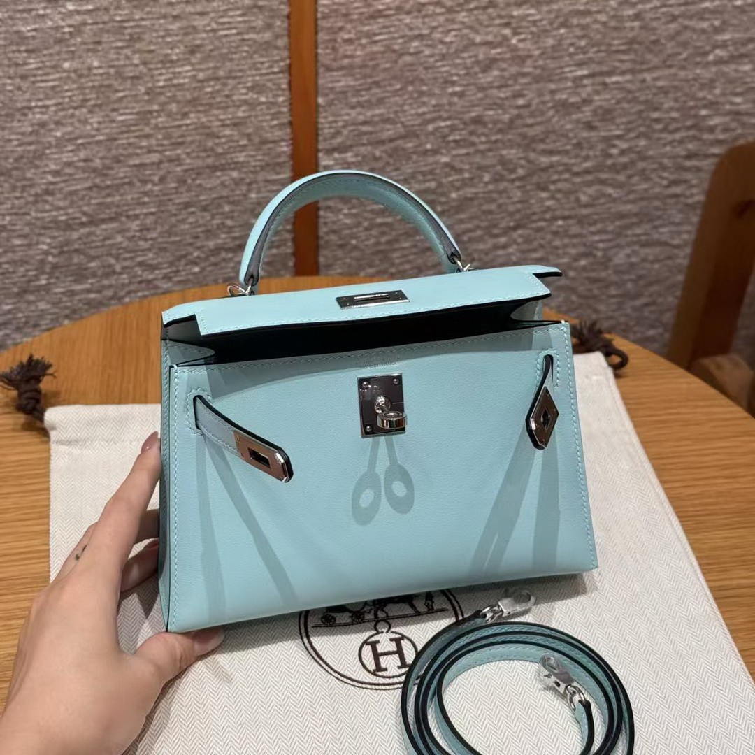 Hermes Kelly Mini 2 19 CM Bag Handmade In Swift Calfskin Leather Silver Hardware U2 Blue Zephyr - Image 12