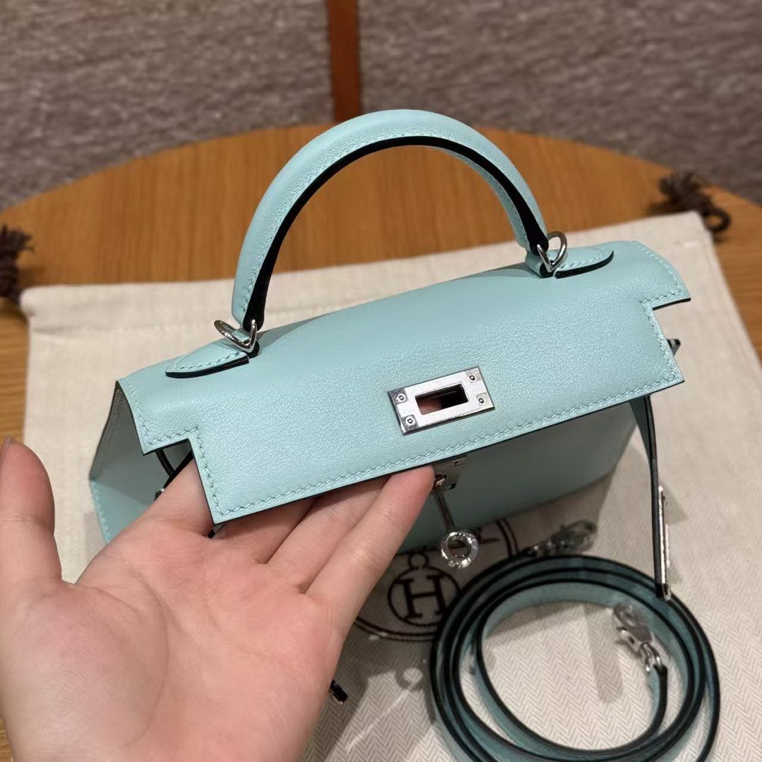 Hermes Kelly Mini 2 19 CM Bag Handmade In Swift Calfskin Leather Silver Hardware U2 Blue Zephyr - Image 9