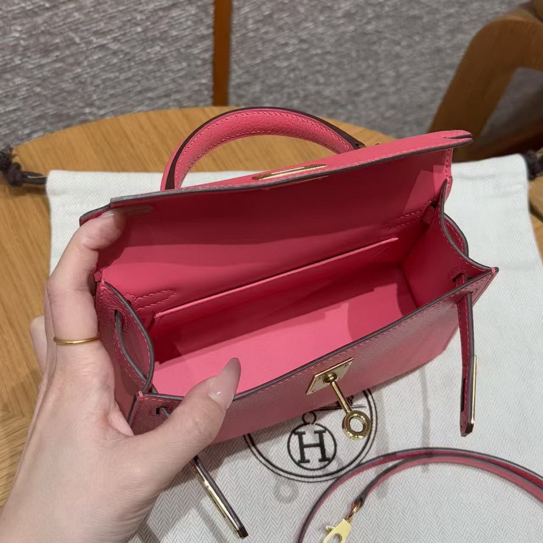 Hermes Kelly Mini 2 19 CM Bag Handmade In Chèvre Calfskin Leather Gold Hardware U5 Rose Lipstick - Image 8