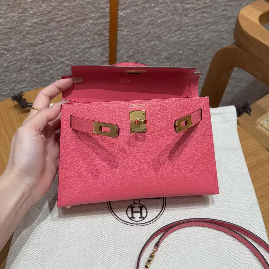 Hermes Kelly Mini 2 19 CM Bag Handmade In Chèvre Calfskin Leather Gold Hardware U5 Rose Lipstick - Image 6